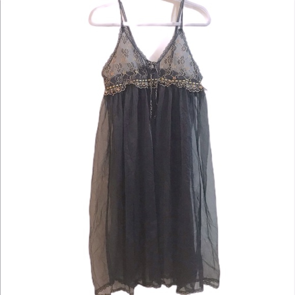 Lace Babydoll Black/Gold Slip Dress Sz Small Fairy-Goth Sheer Lingerie Steampunk
